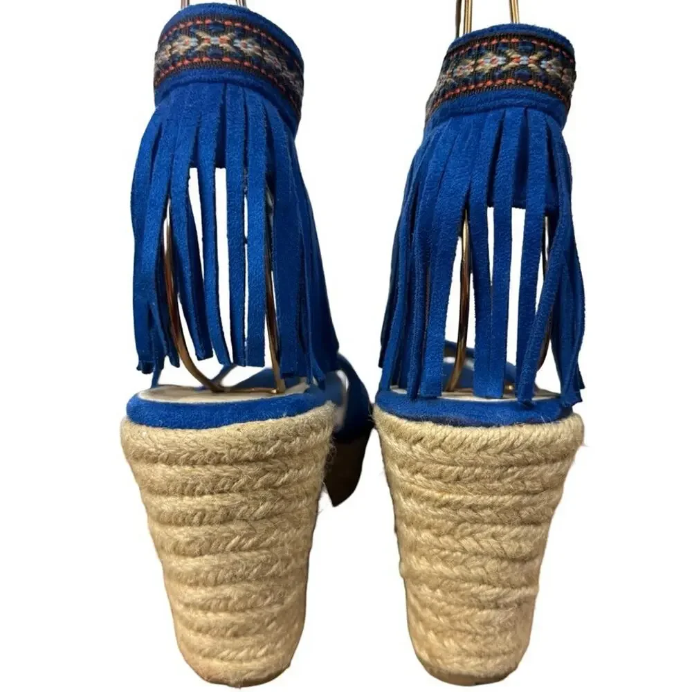 Miim Opava Blue Suede Leather Wedge Espadrille Fringe Sandals Shoes Platform 8